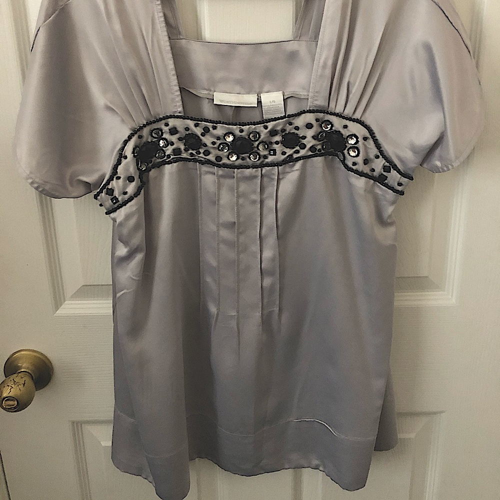 Silver satiny blouse with black stone detail